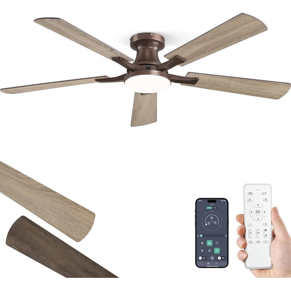 52 Inch Ceiling Fan with Light, App&Remote Control, Flush Mount Low Profile, Dimmable 20W LED Light, Quiet Reversible Motor for Bedroom, Living Room, Apartment, Brown