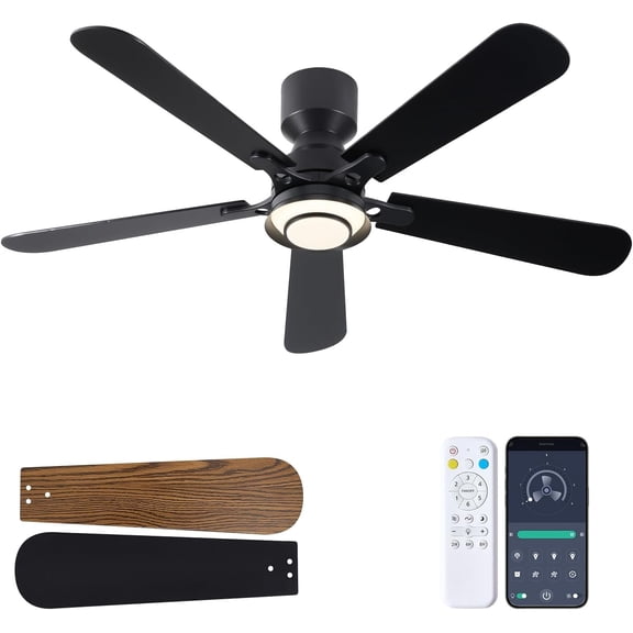52 Inch Ceiling Fan with Light, Flush Mount Low Profile, Remote & APP Control, Quiet 6-Speed Reversible , Dimmable LED with 3CCT, Ceiling Fan for Bedroom, Living Room, Apartment, Black