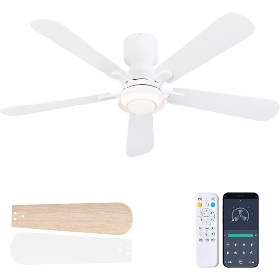 52 Inch Ceiling Fan with Light, Flush Mount Low Profile, Remote & APP Control, Quiet 6-Speed Reversible , Dimmable LED with 3CCT, Ceiling Fan for Bedroom, Living Room, Apartment, White