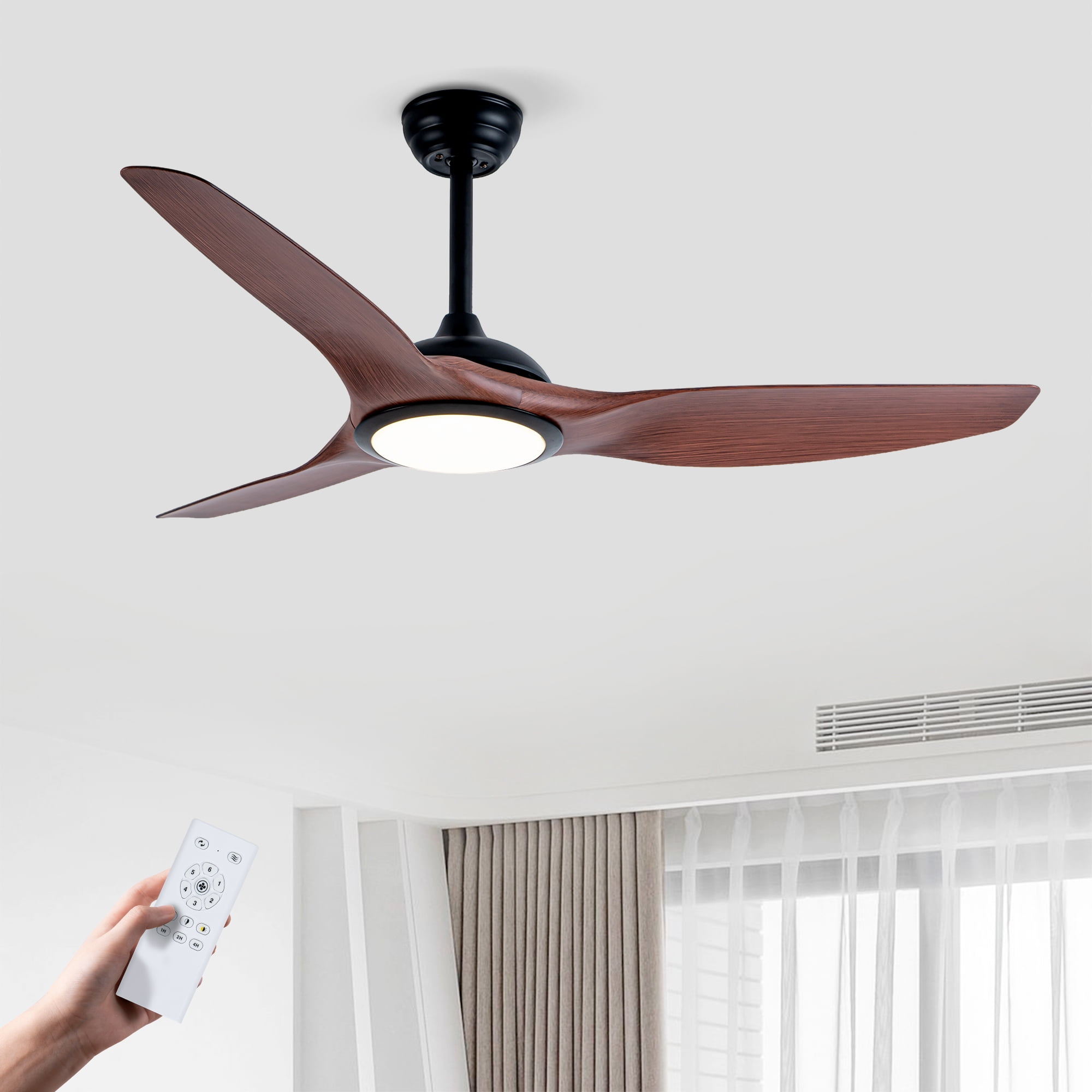 52 Inch Ceiling Fan With Light Kit LED Light Source ABS Blades, DC 6 Speed, Remote Control, Adjustable Height Ceiling Fan for Patio Living Room, Bedroom, Office, Indoor