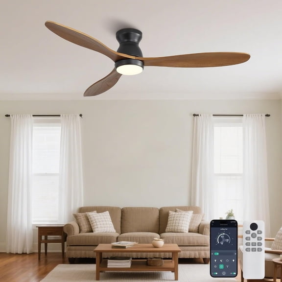 52 Inch Ceiling Fan with Light and Remote & APP Control, 3 Wooden , 6 Wind Speeds, Quiet DC , Indoor Flush Mount Ceiling Fan for Bedroom Living Room Patio