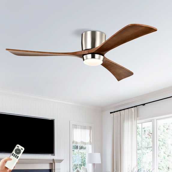 52-Inch Ceiling Fan with Light Remote Control, Quiet Reversible DC Motor, 6 Speeds, 3 Blades, Indoor Outdoor Ceiling Fan for Bedroom, Living Room, Patio (Stain Nickel + Walnut )