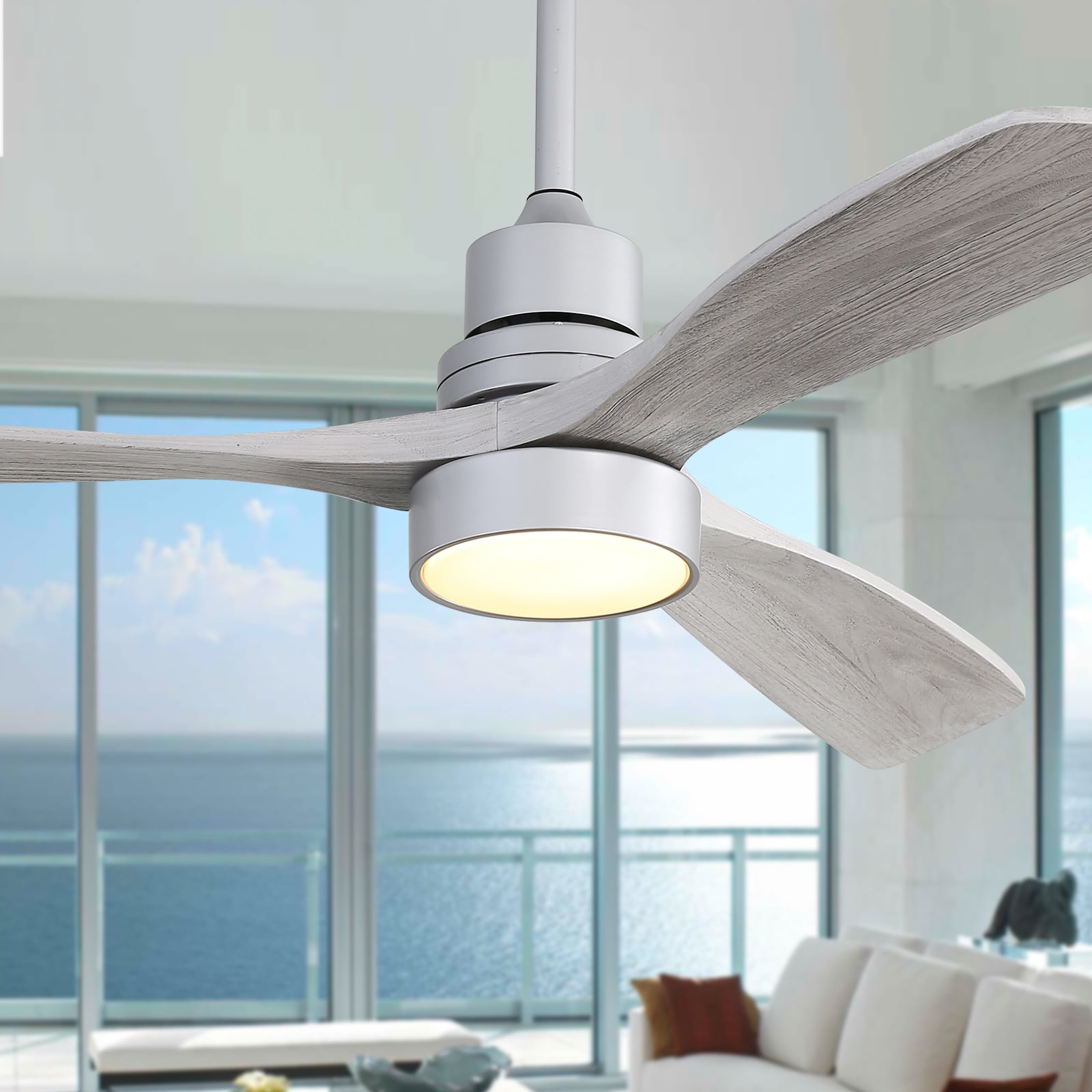52 Inch Ceiling Fan Light With 6 Speed Remote Silver 3 Wood Blade ...