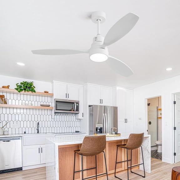 52-Inch Ceiling Fan with 3 Solid Wood Blades, LED Light and Remote Control, Reversible Quiet DC Motor, White, for Living Room, Bedroom, Office