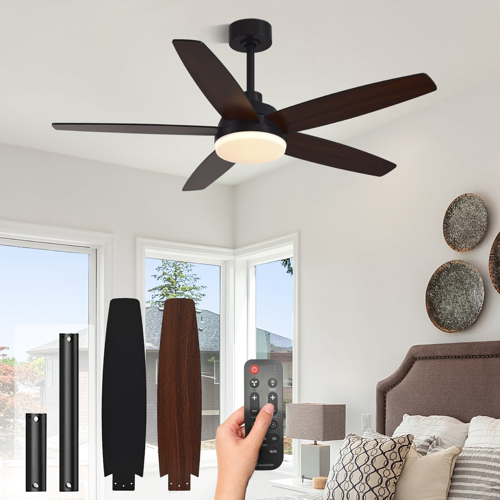 52 Inch Ceiling Fans with Lights,  Modern Ceiling Fan with Light and Remote for Bedroom Living Room Kitchen Home Office, Indoor/Outdoor Use, 3CCT Dimmable,  Dual Color 5 Blades 6 Speed Rever