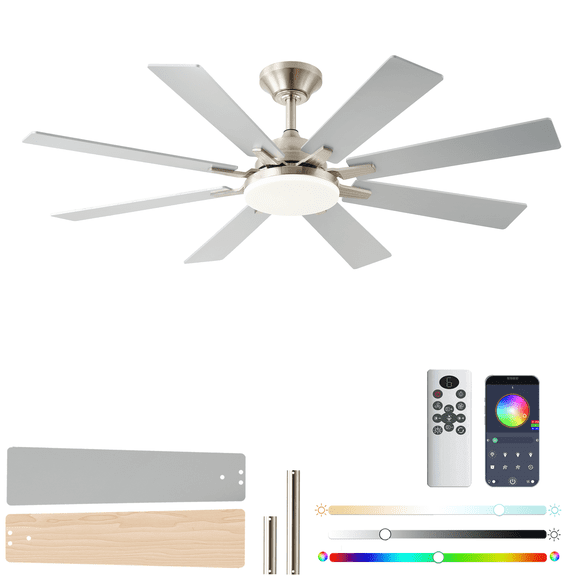 52 Inch Ceiling Fans with Lights, Nickel Ceiling Fan with Light and Remote Control, Reversible DC Motor, 3CCT, Dimmable, Timer, Noiseless, Ceiling Fan for Bedroom Livingroom, Indoor/Outdoor Use