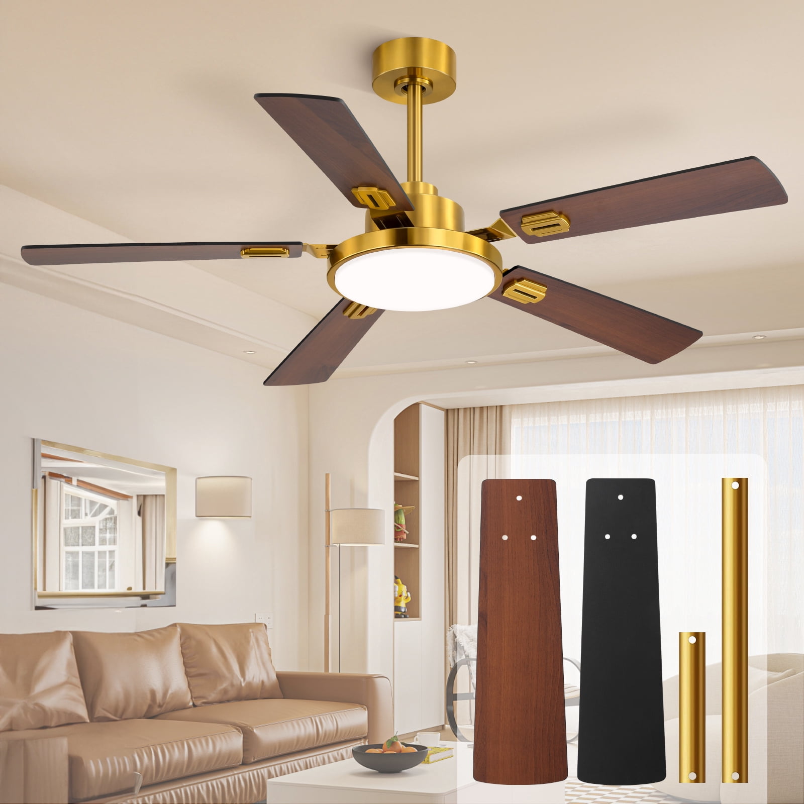 52 Inch Ceiling Fans with Lights and Remote for Bedroom Living Room Kitchen Office, Indoor/Outdoor Use, 6CCT Dimmable, 5 Blades, 6 Speed Reversible Quiet DC Motor, Gold/Wood Grain