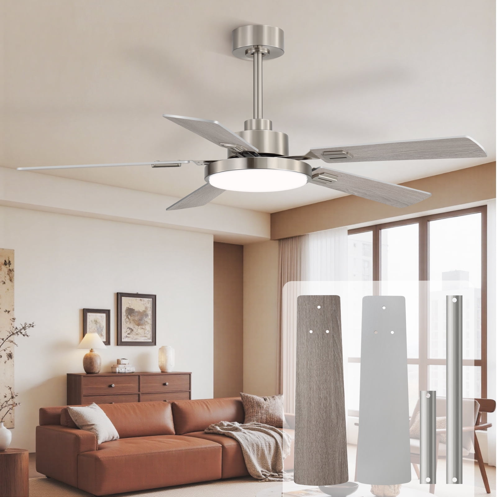 52 Inch Ceiling Fans with Lights and Remote for Bedroom Living Room Kitchen Office, Indoor/Outdoor Use, 6CCT Dimmable, 5 Blades, 6 Speed Reversible Quiet DC Motor, Sand-nickel/Wood Grain