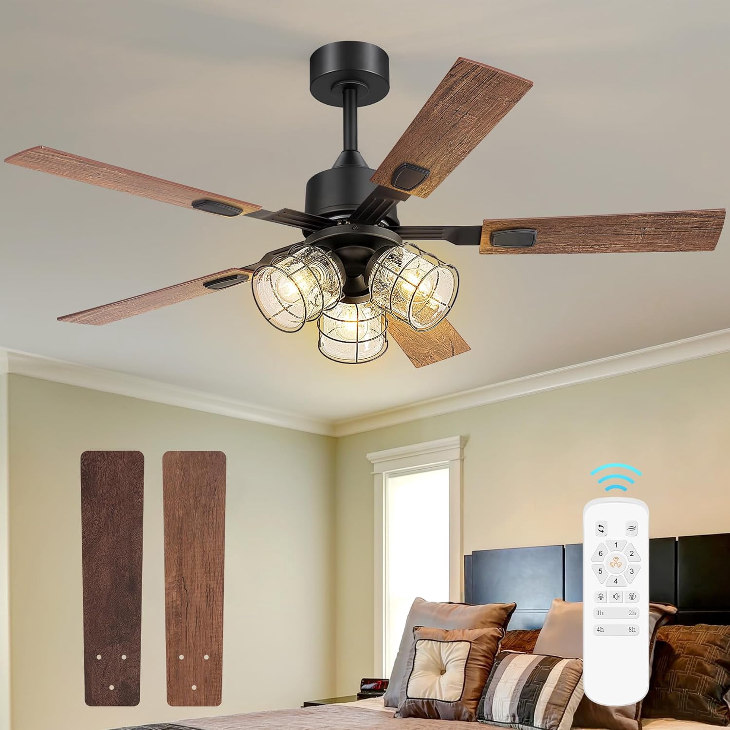 52 Inch Ceiling Fans with Lights and Remote, Farmhouse Rustic Ceiling ...