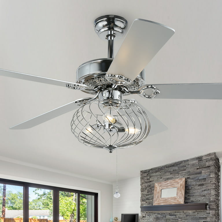 52 Inch Chrome Ceiling Fan With 3 Lights Remote Control Com