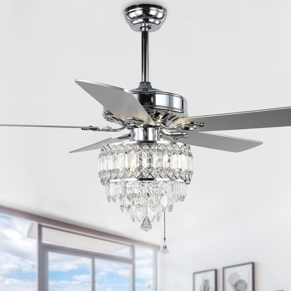 52 Inch Chrome Modern Crystal Ceiling Fan with Remote Control and Light Kit, 3-Speed Reversible Ceiling Fan Bella Depot