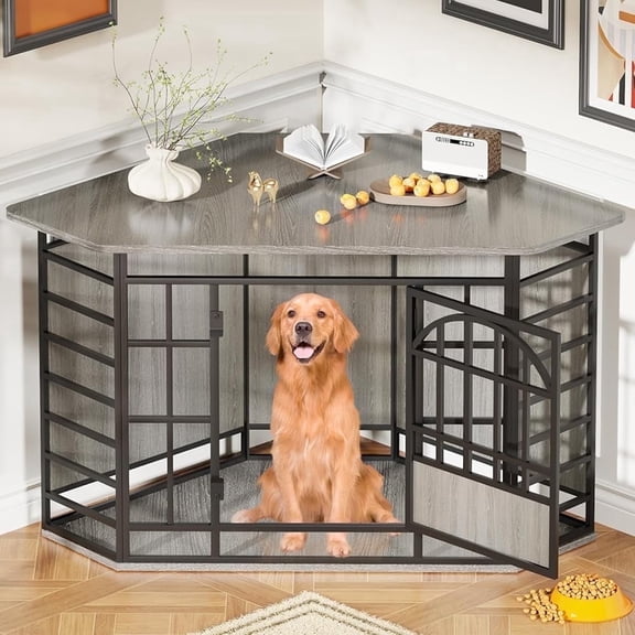 52 Inch Corner Dog Crate Furniture, Wooden Large Dog Kennel Indoor, Large Indoor Dog Cage Decorative Pet House for Medium & Large Dogs - Grey
