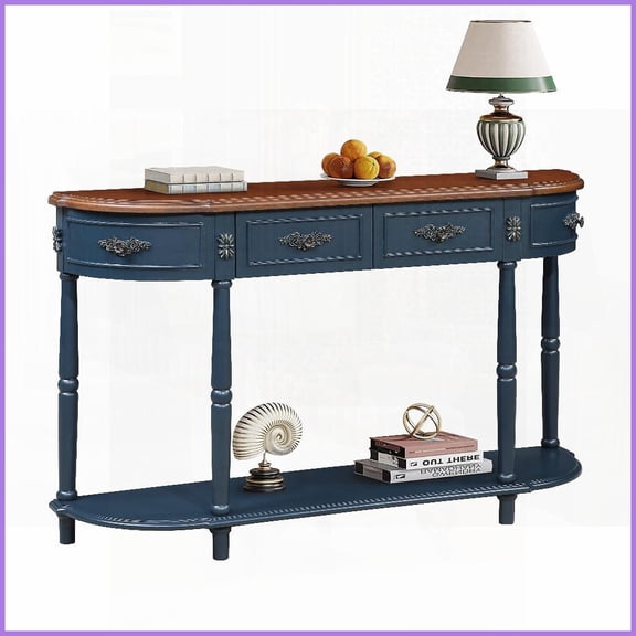 52 Inch Curved Retro Navy Blue & Brown Coffee Table - Solid Pine with 2 Drawers & Open Shelf, Easy Assembly for Living Room & Hallway