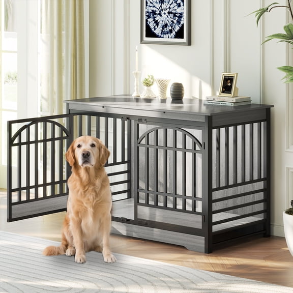 52 Inch Dog Crate Furniture, XL Indoor Dog Kennel for Extra Large Breeds, Heavy Duty Wooden Dog Cage with Double Arched Doors, TV Stand & End Table, Gray