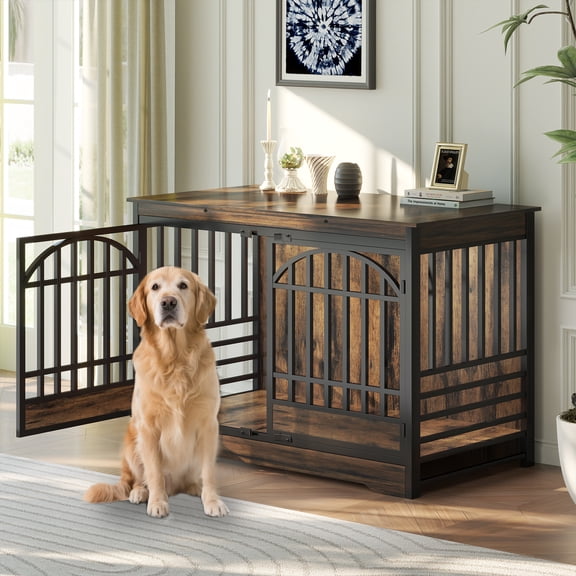 Bel Ark 52 inch Dog Crate Furniture Wooden Indoor Dog Cage XL Indoor Dog Kennel for Extra Large Dog with Double Arched Doors