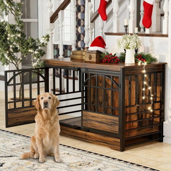 52 inch Dog Crate Furniture, XL Indoor Dog Kennel for Extra Large Breeds, Heavy Duty Wooden Dog Cage with Double Arched Doors, TV Stand & End Table, Retro Brown