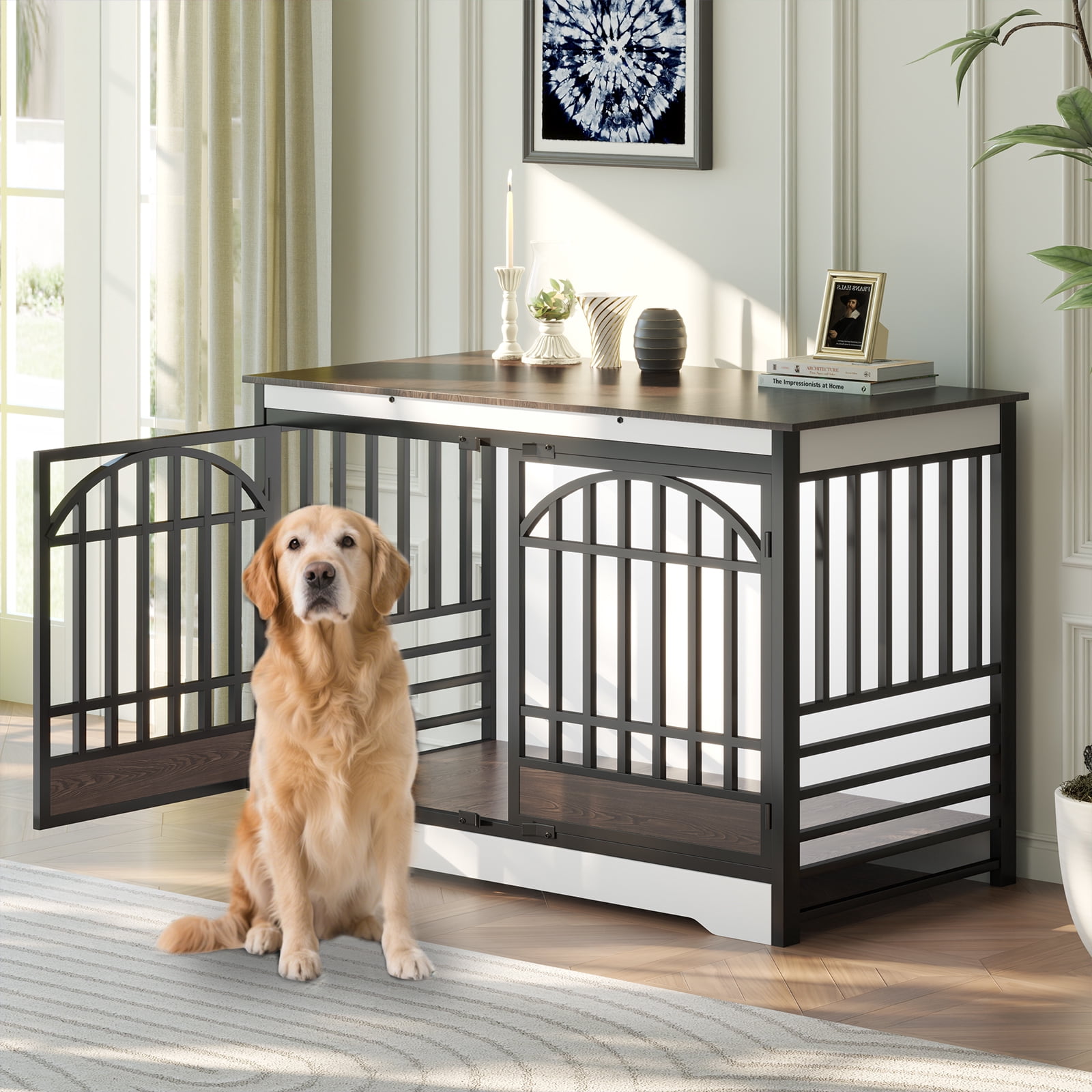 52 Inch Dog Crate Furniture, XL Indoor Dog Kennel for Extra Large Breeds, Heavy Duty Wooden Dog Cage with Double Arched Doors, TV Stand & End Table, White