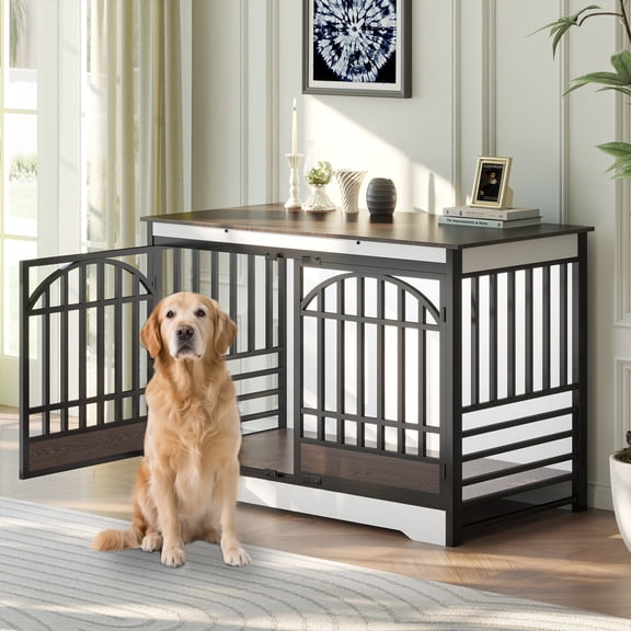 52 Inch Dog Crate Furniture, XL Indoor Dog Kennel for Extra Large Breeds, Heavy Duty Wooden Dog Cage with Double Arched Doors, TV Stand & End Table, White