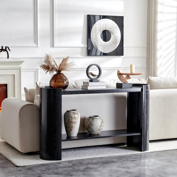 Vanress 52 Inch Entryway Console Table, Narrow Entryway Sofa Table with Storage Shelves, Mid-Century Modern Foyer Curved Table, Wooden Accent Home Decor Furniture for Living Room, Black