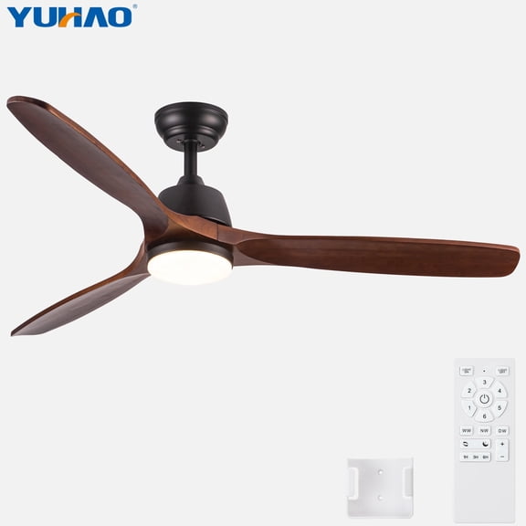 52 Inch Farmhouse Ceiling Fan with Light,3 Brown Solid Wood Blades with 6 Speed, Dimmabel LED 3CCT, Reversible DC Quiet Motor with Remote Control for Bedroom,Dining Room,Patio.