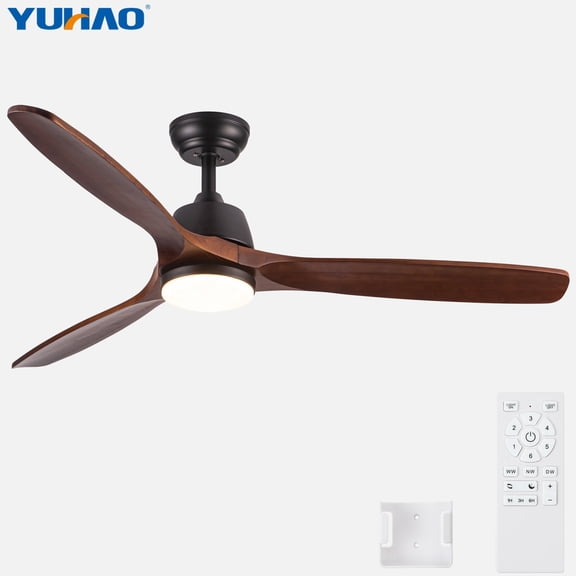 52 Inch Farmhouse Ceiling Fan with Light,3 Brown Solid Wood Blades with 6 Speed, Dimmabel LED 3CCT, Reversible DC Quiet Motor with Remote Control for Bedroom,Dining Room,Patio.