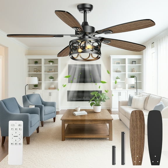 BLNAN 52" Ceiling Fan with Light and Remote ,Vintage Caged Flush Mount Ceiling Fan 6+1 Speed,Reverse Airflow,5 Blades for Farmhouse Bedroom Kitchen Living Room