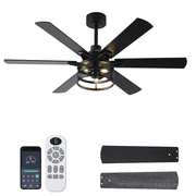 52 Inch Farmhouse Ceiling Fan with Light and Remote, Black Industrial Caged Rustic Ceiling Fan with 6 Speed Reversible Motor and Dual Finish 6 Blades, Rustic Ceiling Fan for Living