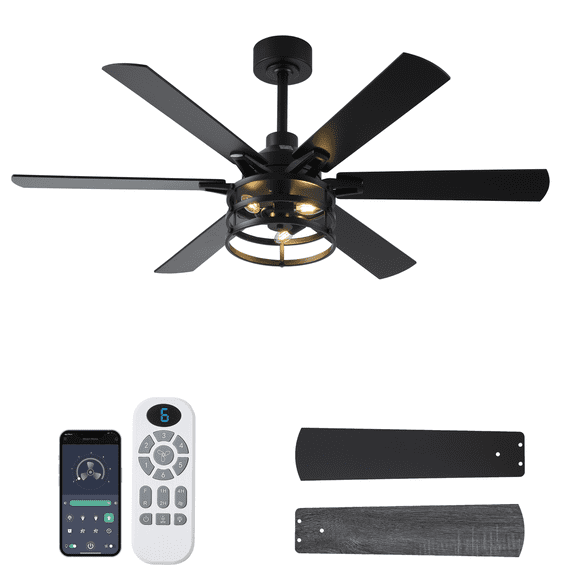 52 Inch Farmhouse Ceiling Fan with Light and Remote, Black Industrial Caged Rustic Ceiling Fan with 6 Speed Reversible Motor and Dual Finish 6 Blades, Rustic Ceiling Fan for Living