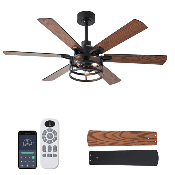 52 Inch Farmhouse Ceiling Fan with Light and Remote, Brown Industrial Caged Rustic Ceiling Fan with 6 Speed Reversible Motor and Dual Finish 6 Blades, Rustic Ceiling Fan for Living