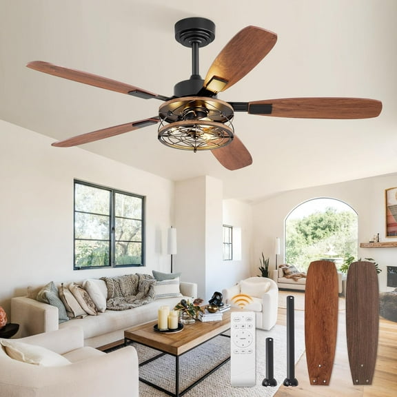 52 Inch Farmhouse Ceiling Fan with Light and Remote, Industrial Caged Flush Mount Ceiling Fans with 6 Speed Reversible Motor and Dual Finish 5 Blades, Rustic Ceiling Fan for Living room, Bedroom