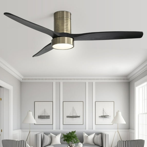 52 Inch Flush Mount Ceiling Fan with Light and Remote Control,3 Blades,Dimmable Light,Reverse Airflow Gold with Black Blades(Light Kit Included) N/A
