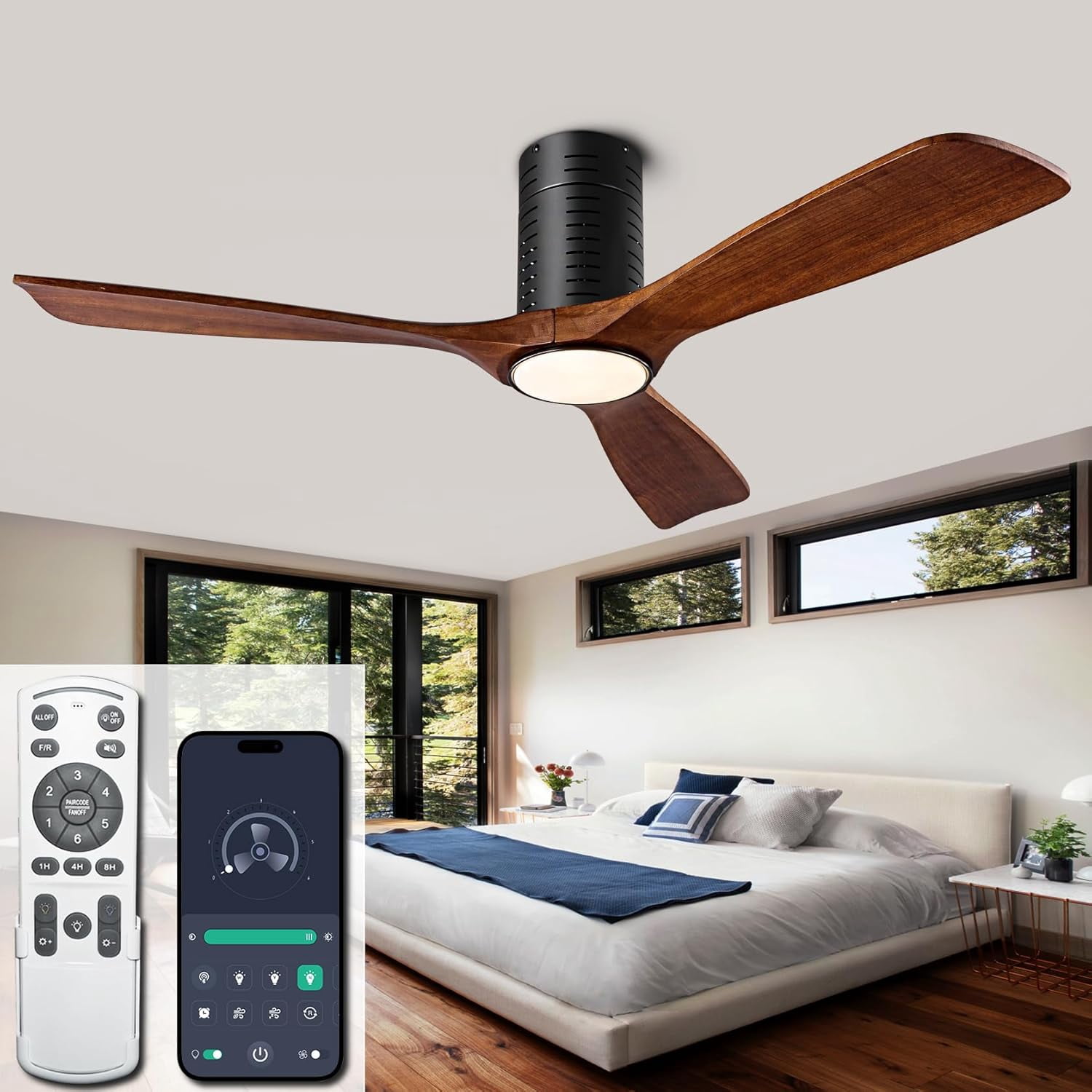 52 Inch Flush Mount Ceiling Fans with Remote/APP Control, 3CCT Dimmable