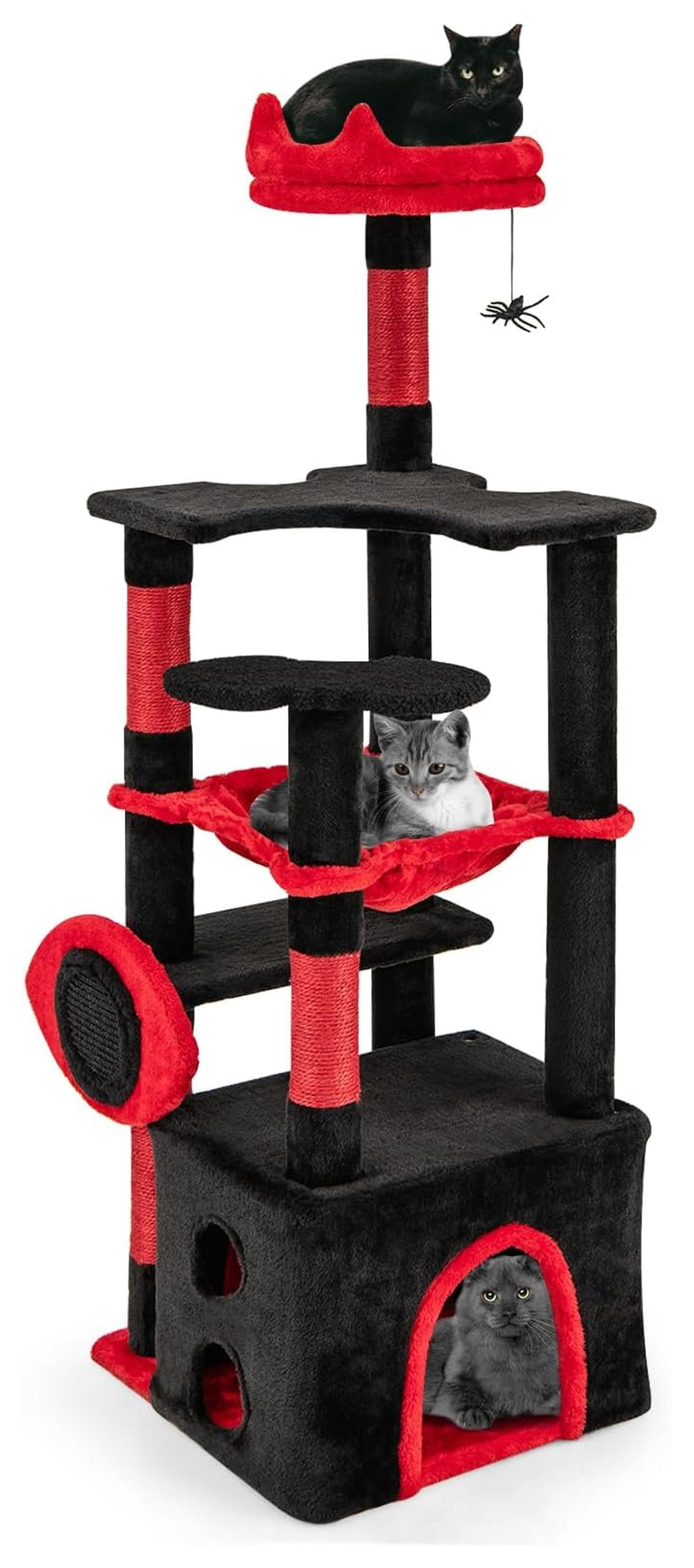 52 Inch Gothic Cat Tree Tower, Multi-Level Cat Tree with Scratching Posts, Hammock & Condo, Black Cat Furniture for Indoor Cats, Spider Toy Included