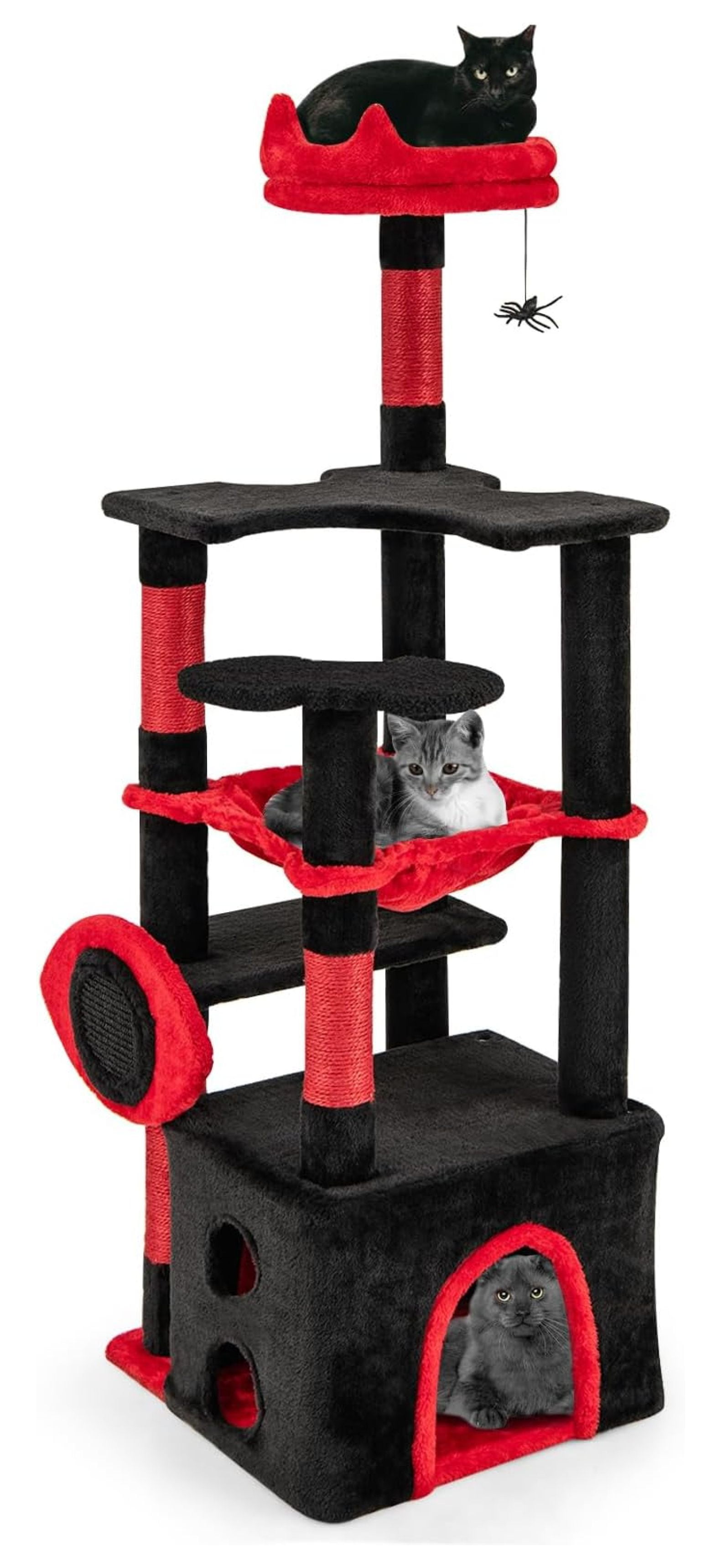 52 Inch Gothic , Multi-Level Goth Coffin Tower with Sisal Scratching Posts Board, Hammock, Condo, Hanging Spider Toy, Soft Plush Covered, Ideal for Indoor Cats, Black