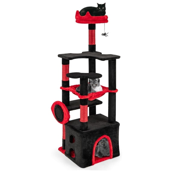52 Inch Gothic , Multi-Level Goth Coffin Tower with Sisal Scratching Posts Board, Hammock, Condo, Hanging Spider Toy, Soft Plush Covered, Ideal for Indoor Cats, Black