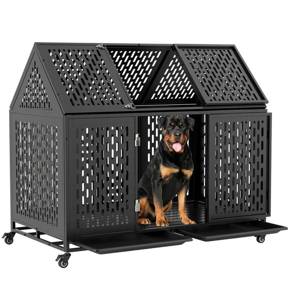52 Inch Heavy Duty Dog Crate Extra Large Dog Cage, Indestructible XXL Dog Crate Kennel with Open Roof Top, Trays and Wheels, Escape-Proof for High Anxiety Giant Dogs