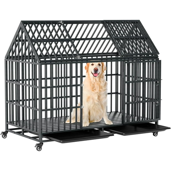 52 Inch Heavy Duty Dog Crate Extra Large Dog Cage Kennel, Indestructible XXL Dog Crate with Open Roof Top, Trays and Wheels, Escape-Proof for High Anxiety Giant Dogs