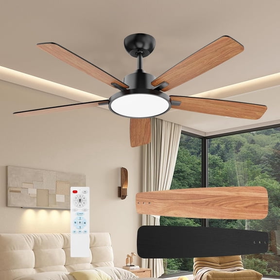 52 Inch Indoor Black Ceiling Fans with Lights Led Remote Control Flush Mount Low Profile