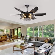 52 Inch Industrial Ceiling Fan with Light, Modern Black Cage Design, 6 Blades, Remote Control, 6-Speed Reversible DC Motor for Living Room Bedroom, Bulbs Not Included