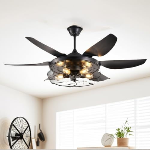 52 Inch Large Vintage Ceiling Fans With Lights And Remote Control,Black Industrial Rustic Caged Ceiling Fan With Farmhouse Chandelier Light Fixture For Indoor Outdoor Use$$Tools & Hardware Other