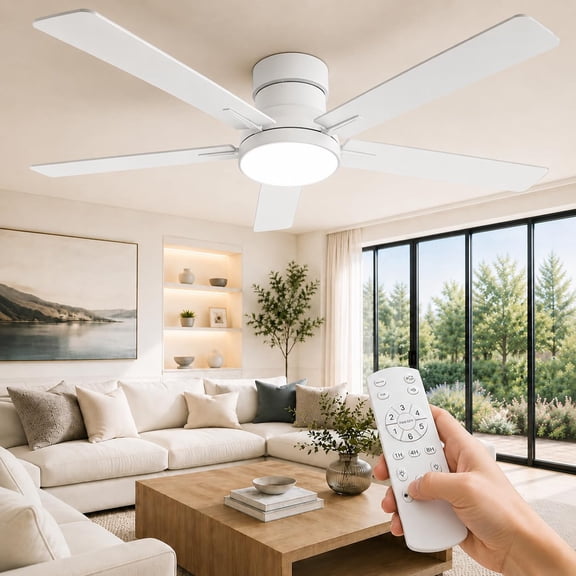 52-Inch Low Profile Ceiling Fan with Light and Remote, White | Quiet LED Ceiling Fan with Easy Install, Composite Wood Blades, Slim Modern Design for Bedrooms and Living Rooms