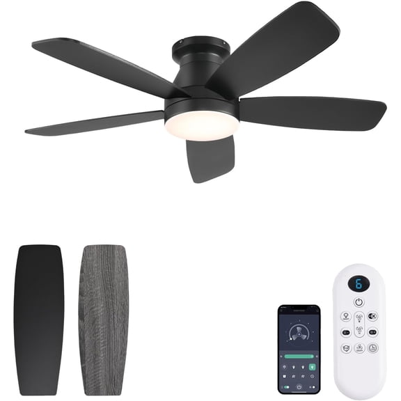 52 Inch Low Profile Ceiling Fan with Lights and Remote/APP Control, Flush Mount, Reversible Motor, Dimmable and Noiseless, Brown Ceiling Fan for Bedroom