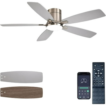 52 Inch Low Profile Ceiling Fans with Lights and Remote, Flush Mount Modern Ceiling Fan, 3CCT Dimmable DC Ceiling Fan for Bedroom, Living Room, Brushed Nickel