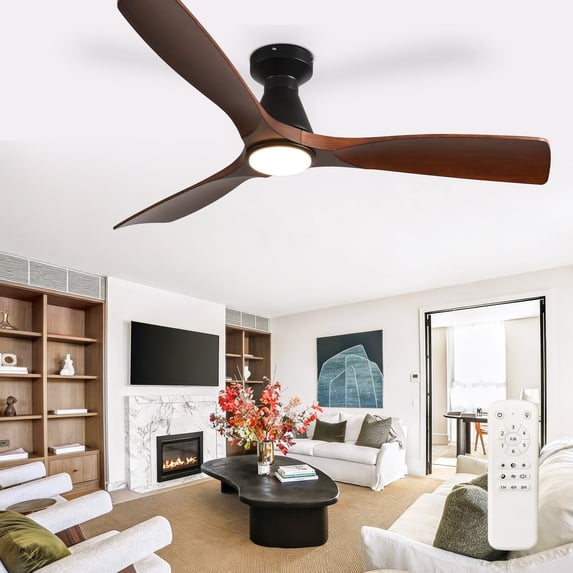 52-Inch Low Profile Flush Mount Ceiling Fan with Light - Walnut 3-Blade, Remote APP Control, Dimmable & Timer, Ultra Quiet DC Motor, Hanging Fan for Indoor/Outdoor Use