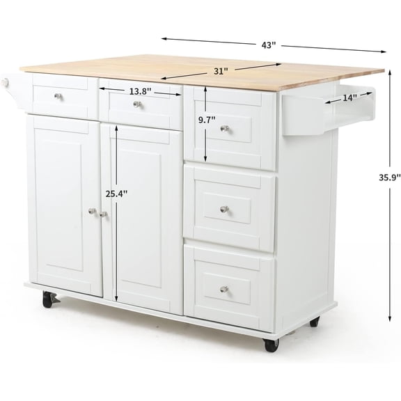 52 Inch Mobile Kitchen Island Cart with Rubberwood Countertop, Storage Drawers and Drop Leaf for Cooking Prep
