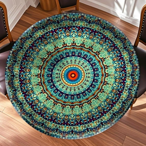 52 Inch Multi Colors Boho Mandala Round Table Protector for Kitchen,Floral Table Cloth Round Cover with Elastic Edge,Waterproof Picnic Circle Tablecloth for Dinner, Outdoor, Party, Camping, BBQ