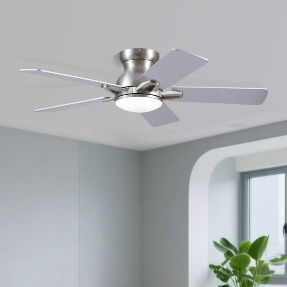 Kviflon 52 Inch Nickel Flush Mount Ceiling Fan with Dimmable LED Light, Remote/APP Control, Reversible DC Motor