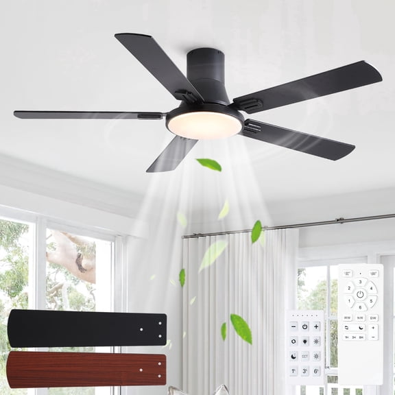 52" Black Flush Mount Ceiling Fan with Light,5 Reversible Dual Color Blades with Dimmable LED 3CCT,6 Speed Settings & Timer for Bedroom,Patio, Living & Dining.