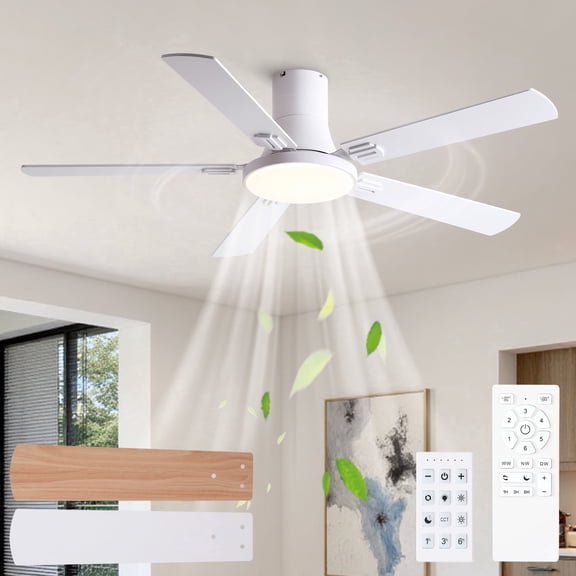 52" White Flush Mount Ceiling Fan with Light,5 Reversible Dual Color Blades with Dimmable LED 3CCT,6 Speed Settings & Timer for Bedroom,Patio, Living & Dining.