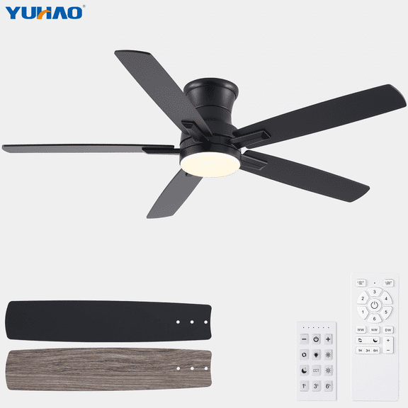 YUHAO 52" Dual Color Ceiling Fan with Lights, 3CCT Dimmable LED, Reversible DC Motor, 6 Speed & Timer, Flush Mount Fan Light for Bedroom, Living Room & Covered Patio